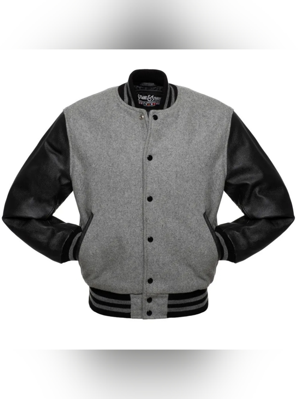STEWART AND STRAUSS Grey Wool, Black Leather Varsity / Letterman Jacket XXL EUC